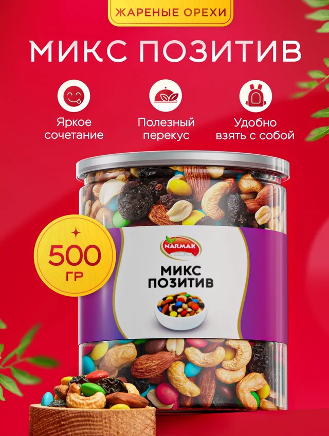 Подарочный набор Narmak «Позитив»: миндаль, кешью, арахис, изюм и шоколадное драже